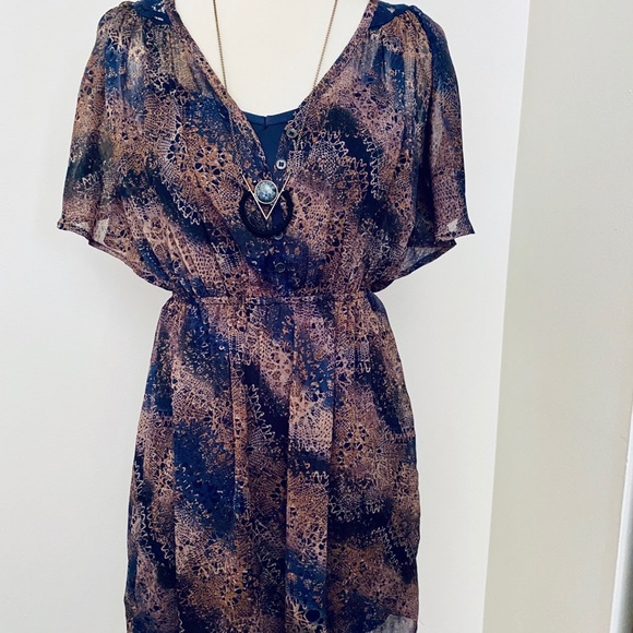 Xhilaration Sheer Blue & Brown Print Mini Dress - Picture 5 of 5
